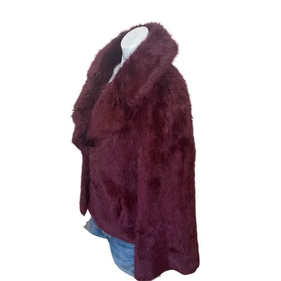 Unreal Fur Burgundy Faux Fur Jacket LARGE Formal Glam Teddy Coat Designer $339